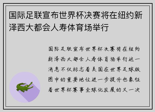 国际足联宣布世界杯决赛将在纽约新泽西大都会人寿体育场举行